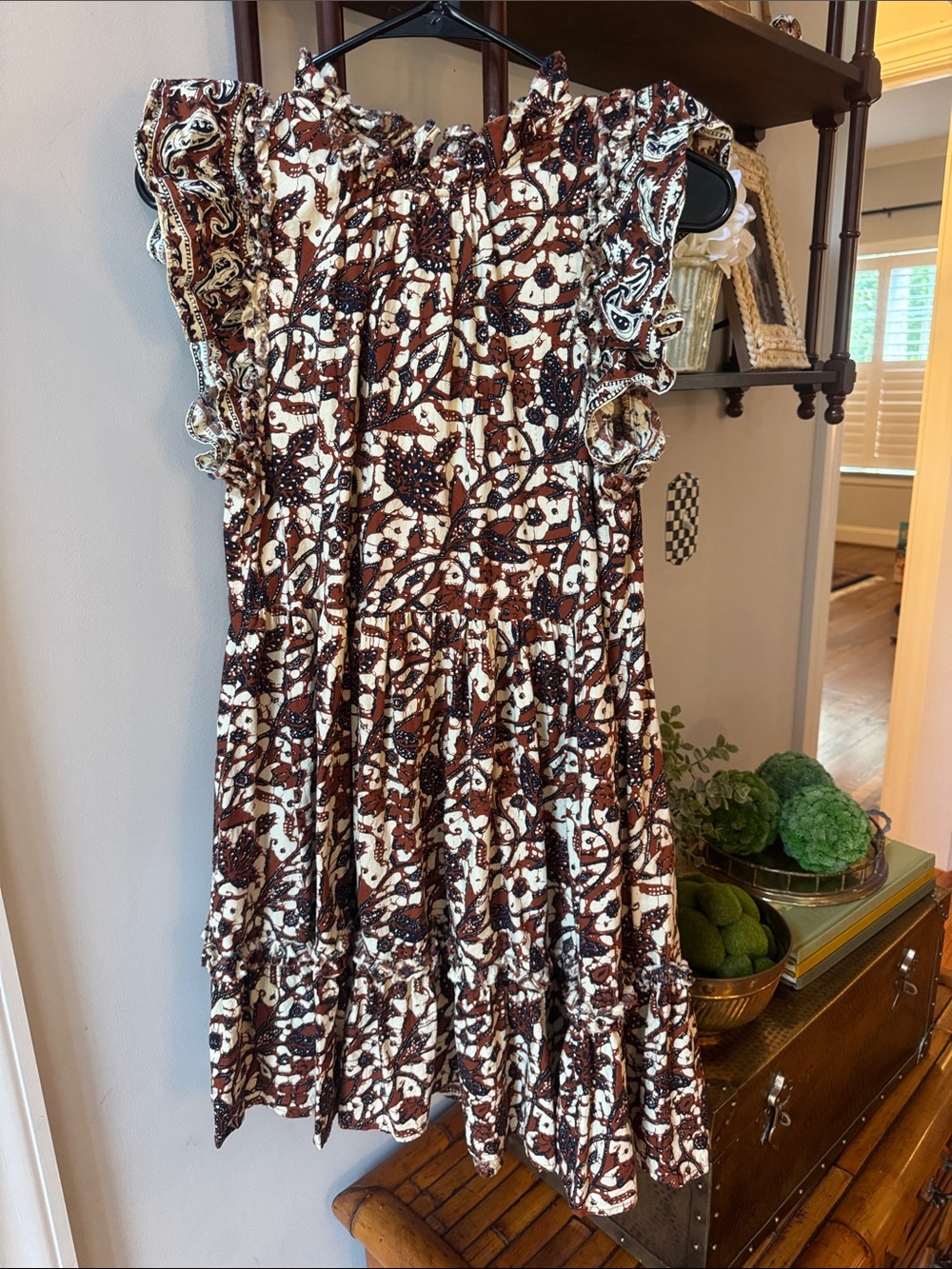 Brown and White Floral Ruffle Sleeve Dress boho